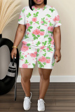 Pastel Green Floral Print Round Neck Short Sleeve T-shirt And Shorts Casual Two Pieces Matching Sets