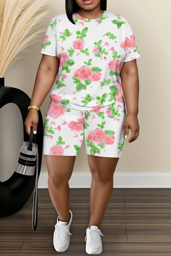 Pastel Green Floral Print Round Neck Short Sleeve T-shirt And Shorts Casual Two Pieces Matching Sets