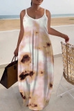 White Blue Graphics Print Backless Spaghetti Strap Sleeveless Vacation Loose Long Maxi Slip Dresses