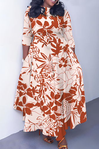 Orange Brown Graphics Print O Neck 3/4 Sleeve Belted Pockets Long Vacation Casual Pleated A Line Maxi Dresses