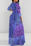 Orange Leopard Striped Print O Neck Long Sleeve Belt Loose Vacation A Line Maxi Swing Dresses
