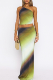 Green Gradient Print Backless Sleeveless Oblique Collar Crop Tops And Maxi Skirt Night Club Two Pieces Dress Sets (Without  Waist Chain)
