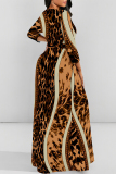 Orange Leopard Striped Print O Neck Long Sleeve Belt Loose Vacation A Line Maxi Swing Dresses