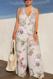 Light Pink Floral Print Lace Up Sleeveless Backless Loose Straight Leg Halter Jumpsuits