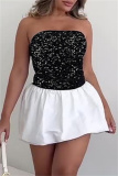 Black Sequins Backless Strapless Sleeveless Formal Evening Party Prom Pleated Tube Mini Dresses
