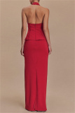 Red Backless Sleeveless Halter Tops And Maxi Skirt Formal Evening Party Prom Two Pieces Dress Sets