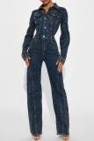 Dark Blue Turndown Collar Long Sleeve High Waist Buttons Casual Straight Leg Denim Jumpsuits