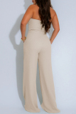 Apricot Sleeveless Backless Keyhole Cutout Knitted Casual Vacation Halter Wide Leg Jumpsuits