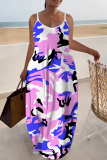 White Blue Graphics Print Backless Spaghetti Strap Sleeveless Vacation Loose Long Maxi Slip Dresses