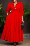 Red Turndown Collar Shirt Sleeve Buttons Casual Vacation Pleated Maxi Shirt Dresses