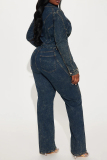 Dark Blue Turndown Collar Long Sleeve High Waist Buttons Casual Straight Leg Denim Jumpsuits