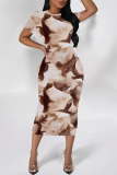 Dark Gray Butterfly Floral Print O Neck Short Sleeve Casual Bodycon Midi T-shirt Dress