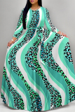 Orange Leopard Striped Print O Neck Long Sleeve Belt Loose Vacation A Line Maxi Swing Dresses