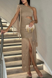 Glod Oblique Collar Sleeveless Backless One-Shoulder Fringed Hem Formal Evening Party Prom Maxi Dresses