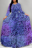 Orange Leopard Striped Print O Neck Long Sleeve Belt Loose Vacation A Line Maxi Swing Dresses