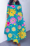Dark Green Floral Print O Neck 3/4 Sleeve Belted Pockets Long Vacation Casual Pleated A Line Maxi Dresses