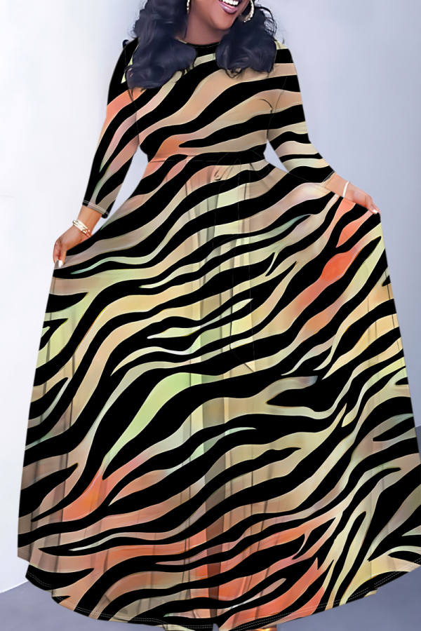 Orange Leopard Striped Print O Neck Long Sleeve Belt Loose Vacation A Line Maxi Swing Dresses