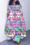 Blue Yellow Graphics Print O Neck 3/4 Sleeve Belted Pockets Long Vacation Casual Pleated A Line Maxi Dresses