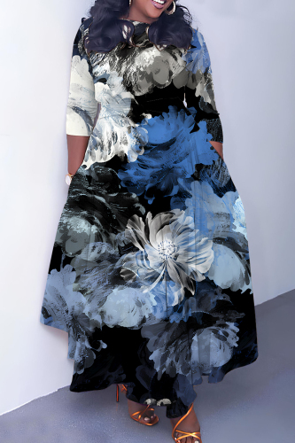Blue Graphics Print O Neck 3/4 Sleeve Belted Pockets Long Vacation Casual Pleated A Line Maxi Dresses