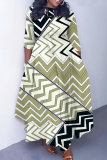 Orange Brown Graphics Print O Neck 3/4 Sleeve Belted Pockets Long Vacation Casual Pleated A Line Maxi Dresses