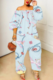 Green Floral Graphics Print Off Shoulder Long Sleeve Casual Vacation Harem Leg Jumpsuits