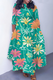 Dark Green Floral Print O Neck 3/4 Sleeve Belted Pockets Long Vacation Casual Pleated A Line Maxi Dresses