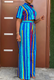 Purple Stripe Print Turndown Collar Short Sleeve Buckle Crop Tops And Wide Leg Pants Vacation Casual Two Pieces Trouser Sets