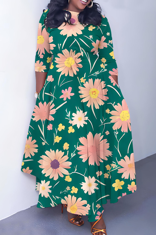 Dark Green Floral Print O Neck 3/4 Sleeve Belted Pockets Long Vacation Casual Pleated A Line Maxi Dresses