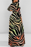 Orange Leopard Striped Print O Neck Long Sleeve Belt Loose Vacation A Line Maxi Swing Dresses