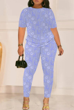Lake Blue Graphics Print O Neck Short Sleeve T-shirt And Skinny Pants Casual Two Pieces Trouser Sets