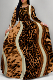 Orange Leopard Striped Print O Neck Long Sleeve Belt Loose Vacation A Line Maxi Swing Dresses