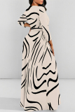 Orange Leopard Striped Print O Neck Long Sleeve Belt Loose Vacation A Line Maxi Swing Dresses