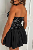 Black Sequins Backless Strapless Sleeveless Formal Evening Party Prom Pleated Tube Mini Dresses