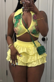 Light Purple Graphics Print Turndown Collar Sleeveless Crop Tops And Ruffle Hem Shorts Vacation Casual Two Pieces Shorts Sets