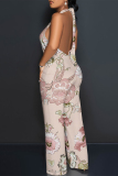Light Pink Floral Print Lace Up Sleeveless Backless Loose Straight Leg Halter Jumpsuits