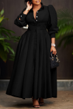 Red Turndown Collar Shirt Sleeve Buttons Casual Vacation Pleated Maxi Shirt Dresses
