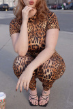 Leopard Print Backless Short Sleeve Turtleneck Night Club One Piece Bodysuit Skinny Jumpsuits