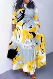Orange Brown Graphics Print O Neck 3/4 Sleeve Belted Pockets Long Vacation Casual Pleated A Line Maxi Dresses