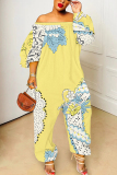 Green Floral Graphics Print Off Shoulder Long Sleeve Casual Vacation Harem Leg Jumpsuits