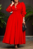 Red Turndown Collar Shirt Sleeve Buttons Casual Vacation Pleated Maxi Shirt Dresses