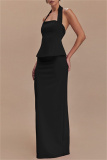 Red Backless Sleeveless Halter Tops And Maxi Skirt Formal Evening Party Prom Two Pieces Dress Sets