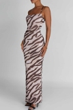 Zebra Print Sleeveless Backless Cross Straps Spaghetti Strap Vacation Bodycon Maxi Dresses