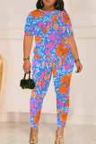 Lake Blue Graphics Print O Neck Short Sleeve T-shirt And Skinny Pants Casual Two Pieces Trouser Sets