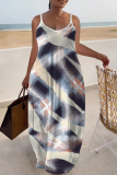 White Blue Graphics Print Backless Spaghetti Strap Sleeveless Vacation Loose Long Maxi Slip Dresses