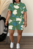 Pastel Green Floral Print Round Neck Short Sleeve T-shirt And Shorts Casual Two Pieces Matching Sets