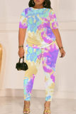 Lake Blue Graphics Print O Neck Short Sleeve T-shirt And Skinny Pants Casual Two Pieces Trouser Sets