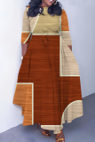 Red Graphics Print O Neck 3/4 Sleeve Belted Pockets Long Vacation Casual Pleated A Line Maxi Dresses