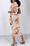 Dark Gray Butterfly Floral Print O Neck Short Sleeve Casual Bodycon Midi T-shirt Dress