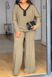 Khaki V Neck Long Sleeve Tops And Wide Leg Pants Casual Formal Office Lady Two Pieces Trouser Sets