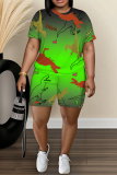Pastel Green Floral Print Round Neck Short Sleeve T-shirt And Shorts Casual Two Pieces Matching Sets